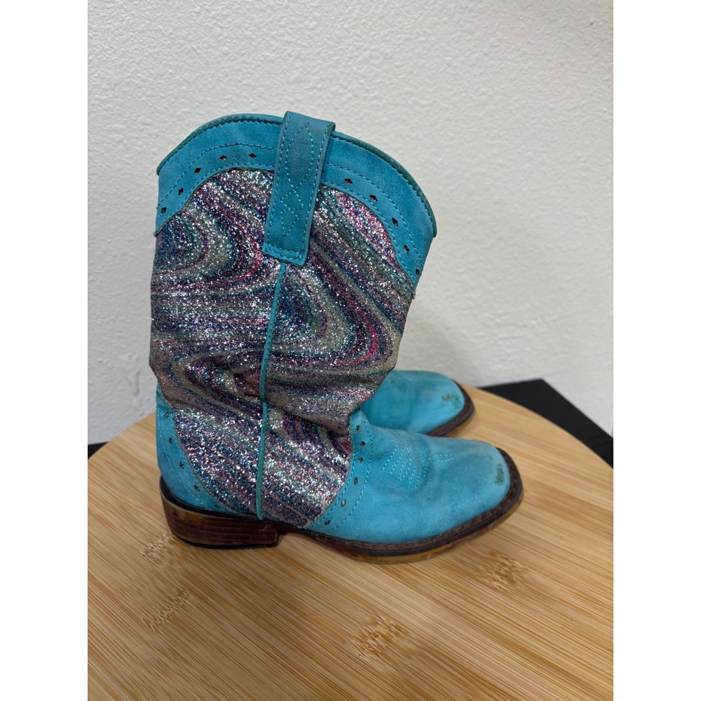 Roper Boots Girl Toddler 10 Glitter Swirl Blue Western Cowboy Sparkly Faux Suede